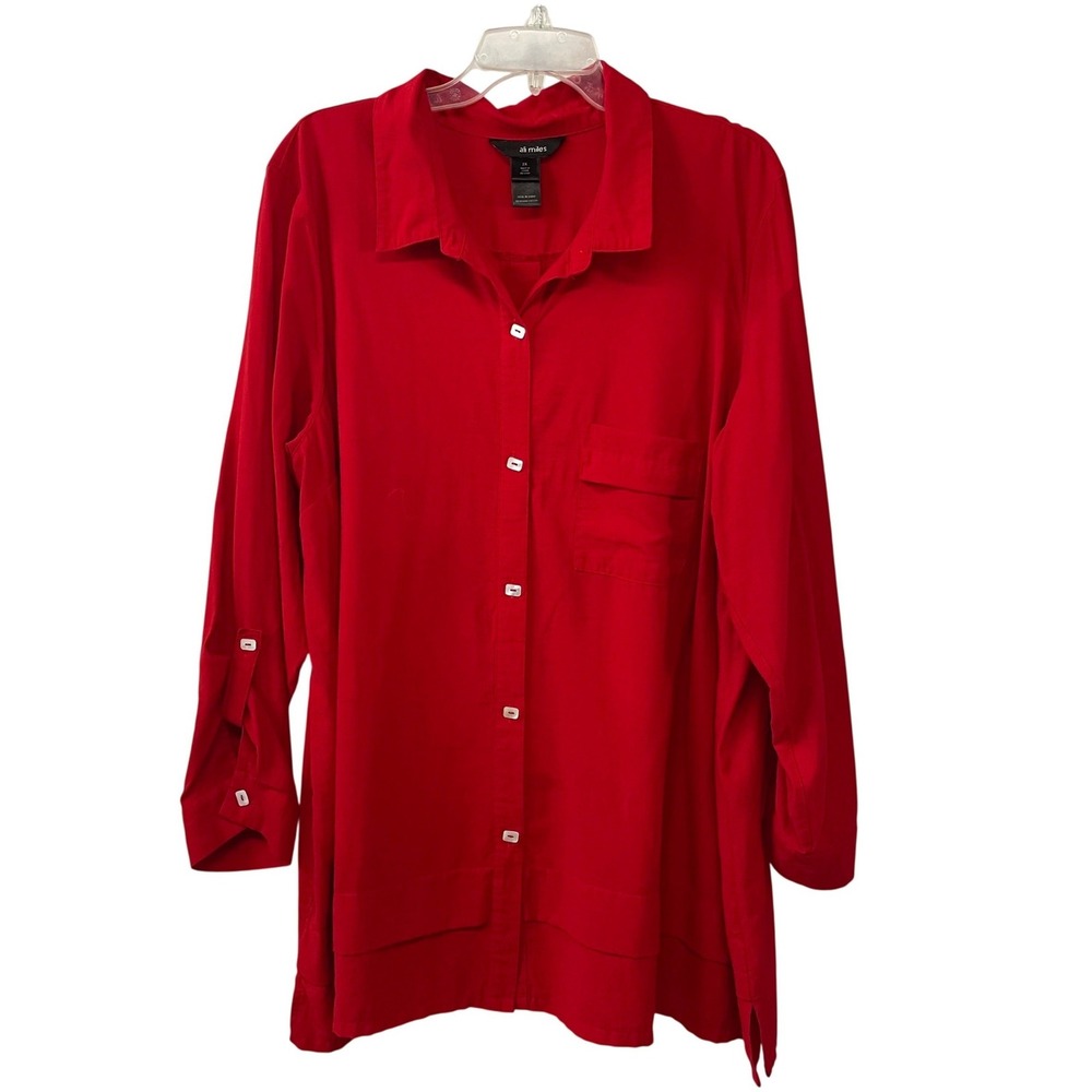 Ali Miles Womens 2X Red Button Down Back Tunic Roll Tab Sleeve Shirt Lagenlook
